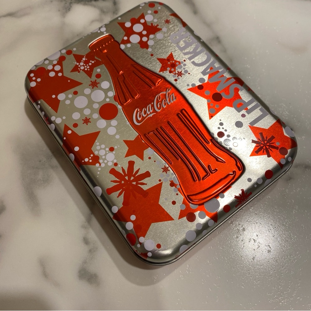 Vintage Lip Smackers Coca-Cola Soda Tin Box Red White & Silver Stars Collectible